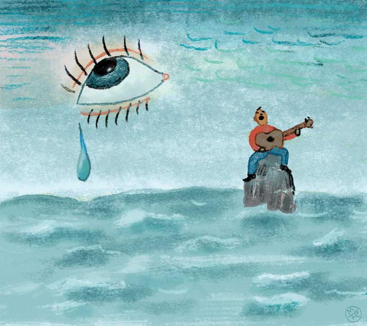 Drawing of a crying eye over the sea with a man singing